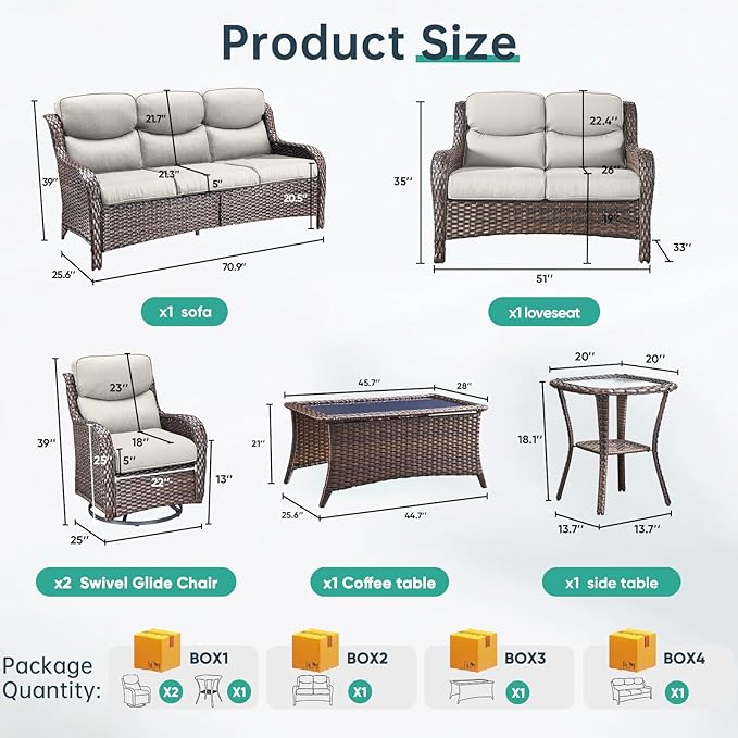 Outdoor Swivel Rocker Patio Chairs Set of 9 with 5" Thick Cushions ,9 Piece Furniture Set with Fire Pit Table All Weather Wicker Conversation Set for Porch Deck - Brown Wicker | Beige Cushions