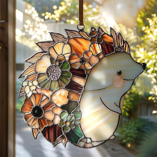 Hedgehog Lovers Christmas Ornament Woodland Animal Suncatcher Window Hanging Acrylic Stained Glass Effect Art Boho Garden Decor Unique Autumn Gift for Mom Thanksgiving