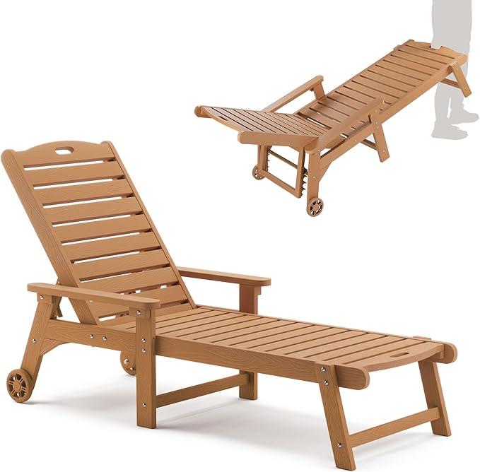 LUE BONA Outdoor Chaise Lounge, 79'' Oversized HDPS Chaise Lounger, 5 Positions Adjustable Lounge Chairs, Pool Lounge Chair with Wheels for Poolside, Backyard, 3 Year Warranty, Teak Color