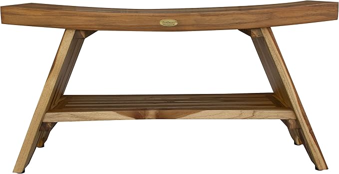 EcoDecors 35 Inch Serenity Teak Shower Bench – Waterproof Bathroom Seat with Large Storage Shelf For Adults & Seniors | Spa-Style Teak Wood Stool with Non-Slip Feet, Elegant Finish, 300 Pound Capacity