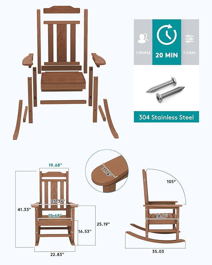 SERWALL Outdoor Rocking Chair Brown Set of 8, All Weather Patio Rocking Chair, HDPE Poly Rocking Chair for Adults, Heavy Duty Front Porch Rocker