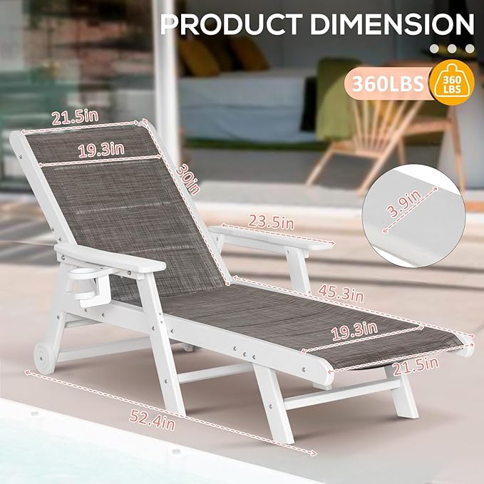 Outdoor Chaise Lounge Set of 2, Adjustable Patio Chaise with Wheels & Cup Holder, HDPE Pool Lounge with Textilene Surface, Poolside (Grey-Brown, 2)