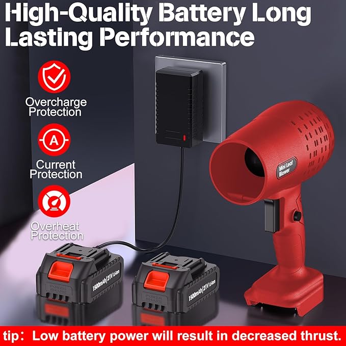 Leaf Blower with 21V*2 Pcs Batteries, 950000RPM Powerful Fan, High Variable Speed 200 MPH, Handheld Air Blower, Perfect for Car Drying, Patio Cleaning, Lawn Caring, Leaves Blowing (Red)