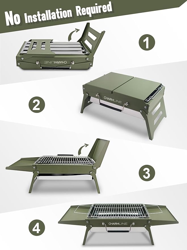 Charmline 14x9 inches Small Portable Charcoal Grill, Compact Portable BBQ Grill, Tabletop Charcoal Grills for Camping, Picnics, Gardens and Beach Parties, Green