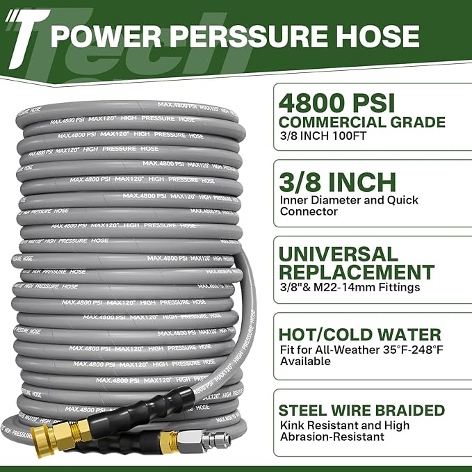 5000PSI Pressure Washer Gun and Hose Kit, 100FT Kink Resistant Steel Braided Power Washer Hose with 3/8" Swivel Quick Connector and M22 14mm Adapters Replacement/30" Extension Washer Wand
