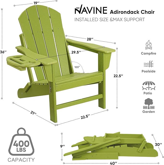 Adirondack Chair Set of 4, HDPE Folding Adirondack Chair with Multifunctional Cup Holder, Weather Resistant Fire Pit Chair for porches, patios, poolsides, Decks.
