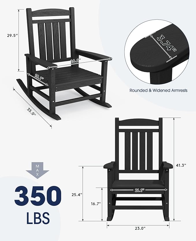 KINGYES Oversized Outdoor Rocking Chair Set of 2, HDPE Patio Rocking Chair, All Weather Porch Rocker, Black