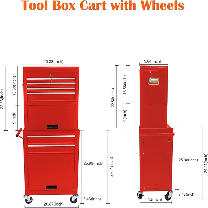 6 Drawers Rolling Tool Box Organizer,2 Tier High Capacity Tool Chest with Wheels,Lockable Rolling Tool Chest with 2 Cabinet,Detachable Tool Box Workshop Storage Cabinet (2 Tier-6 Drawers(Red))