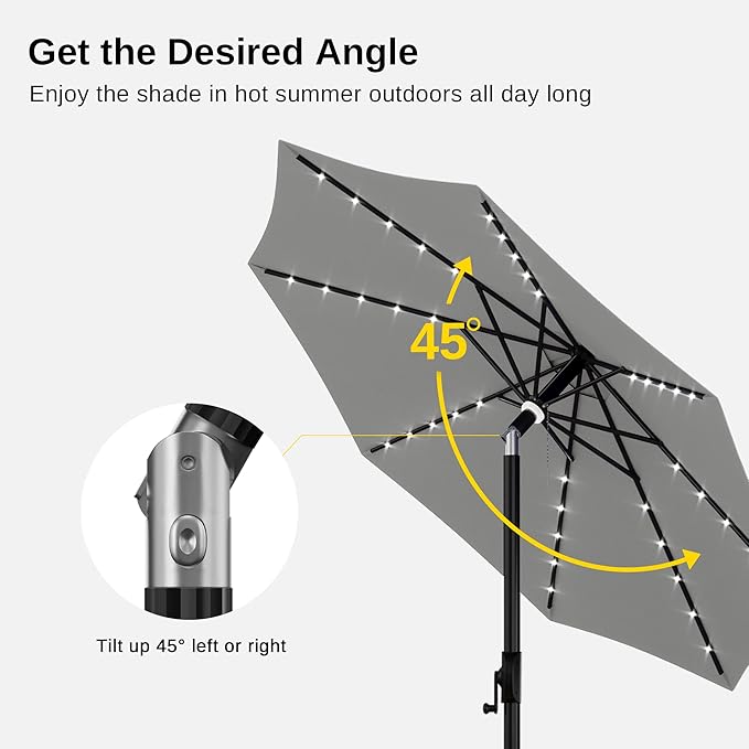 EAST OAK Patio Umbrella, 9 ft Outdoor Table Umbrella with 40 LED Solar Lights and 8 Ribs, 1.9inch Aluminum Pole, UPF 50+ Fade Resistant and Push Button Tilt for Deck and Poolside, Mountain Gray