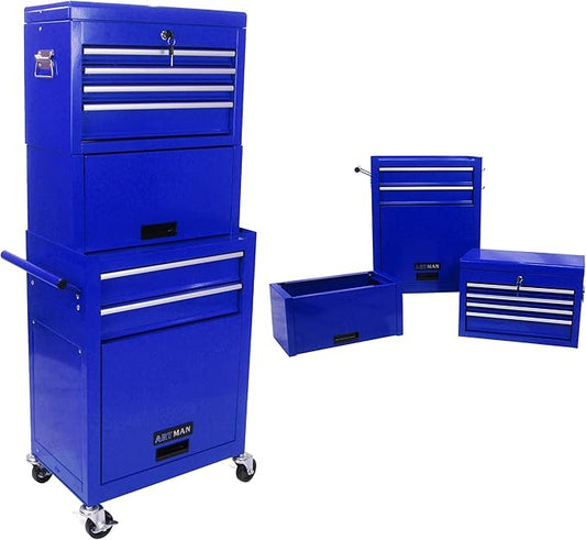 6 Drawers Rolling Tool Box Organizer,2 Tier High Capacity Tool Chest with Wheels,Lockable Rolling Tool Chest with 2 Cabinet,Detachable Tool Box Workshop Storage Cabinet (2 Tier-6 Drawers(Blue))