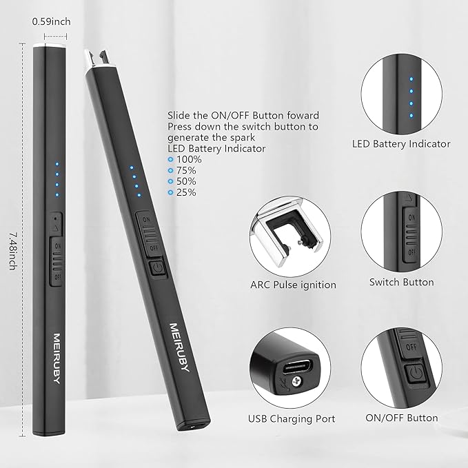 MEIRUBY Lighter Electric Candle Lighter Long Electronic Rechargeable USB Arc Windproof Flameless Lighters for Candle Camping BBQ Birthday Women's Day Gifts for Women Mom Wife Men, Balck