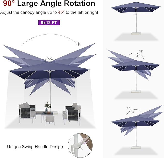 PURPLE LEAF 9' X 12' Right-left Tilt Patio Umbrella Swivel White Cantilever Umbrella with Tilt Aluminum Outdoor Umbrella with 360° Rotation for Deck Pool Garden, Navy Blue