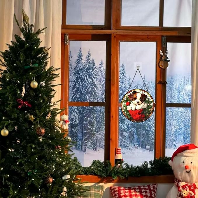Stained Glass Window Hanging - A Dog in Christmas Stockings Suncatcher fof Garden Home Decor for Women Mon Grandma Friends