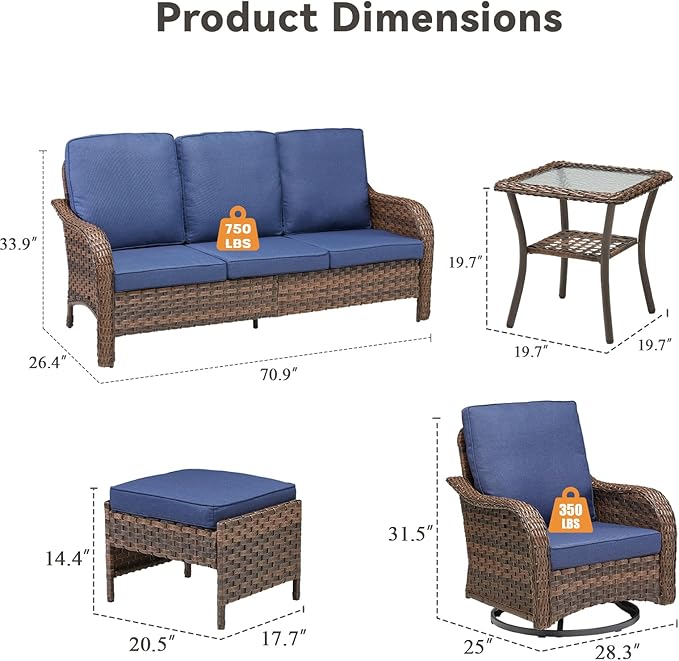 Patio Furniture Set-14 Pieces All-Weather Outdoor Fueniture Set with High Back Outdoor Swivel Rocking Chairs Patio Conversation Sets for Garden Porch Deck Brown/Blue