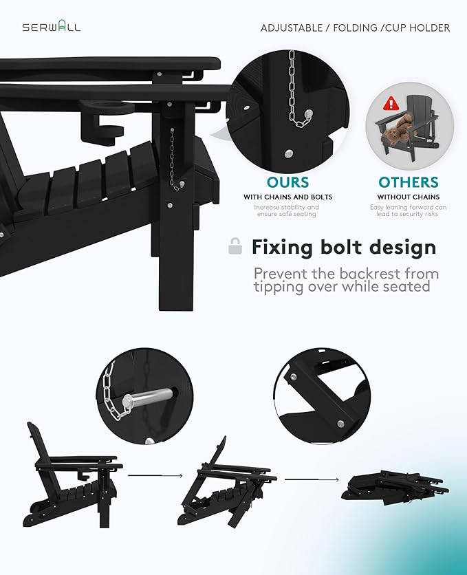SERWALL Folding Adirondack Chair Set of 4, Adjustable Adirondack Chair with 3 Recline Positions, All Weather HDPE Outdoor Adirondack with Cup Holders, Black