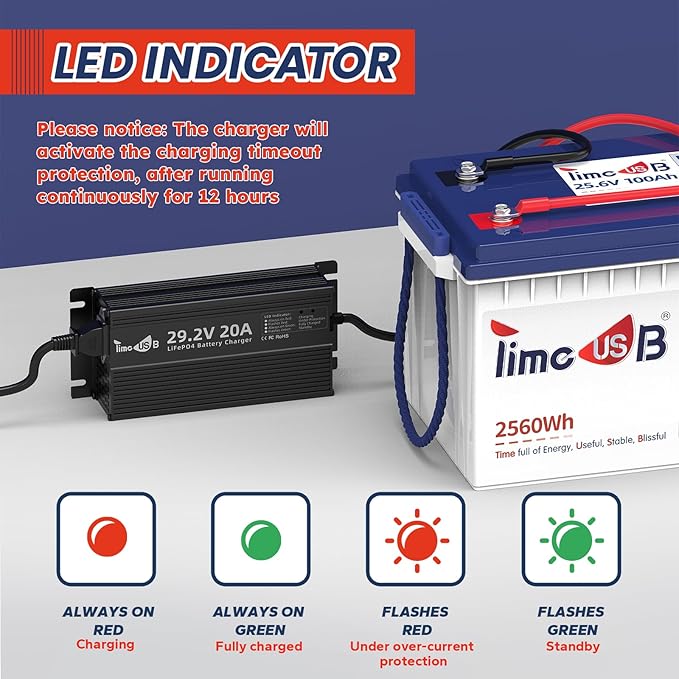 29.2V 20A LiFePO4 Battery Charger, 24V Mountable Lithium Battery Charger with LED Indicators and Multi Safety Protections for Lithium Iron Deep Cycle Rechargeable Batteries of Boat, RV (Regular)