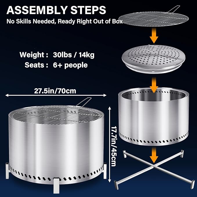 HGD 27.5" Smokeless Fire Pit Outdoor, Stainless Steel Wood Burning Firepit with Secondary Combustion, Backyard Patio Stove for Garden, BBQ & Bonfire