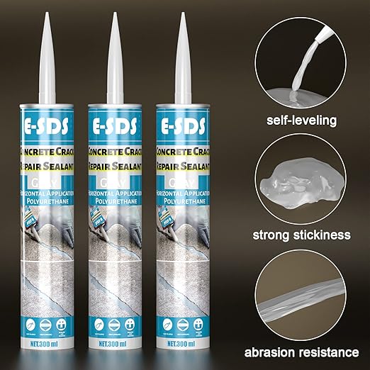 E-SDS Concrete Crack Filler and Sealant Self-Leveling, Polyurethane Adhesive Sealant Construction Crack Flexible Sealer Sealing Horizontal Cracks, Gray 10.5 fl. oz (3 Pack)