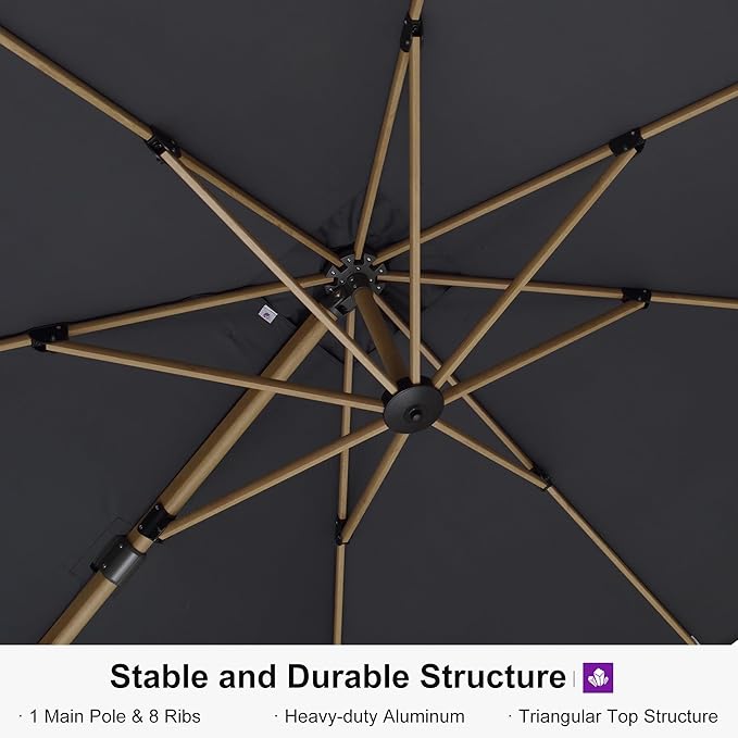 PURPLE LEAF 11FT Patio Umbrella With Base Square Cantilever Umbrella Teak Finished Aluminum Frame Large Windproof Offset Outdoor Sun Umbrellas for Beach Pool Deck, Grey