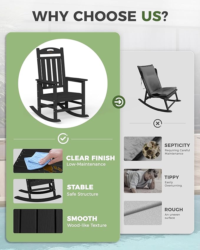 Oversized Outdoor Rocking Chair Set of 4, High Back Porch Rocker Chair, HDPE All Weather Resistant Rocking Chairs for Patio, 384lbs Weight Capacity, Black