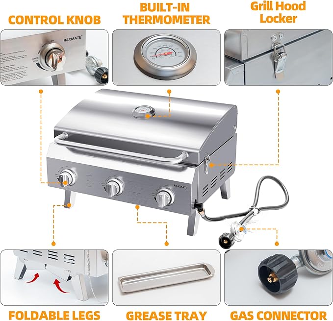 Tabletop Gas Grill, 22" 3-Burner Portable Propane BBQ Grill, 30,000 BTUs Stainless Steel Grill with Foldable Legs for Camping, Patio, Backyard, Tailgate, and Holiday Gatherings