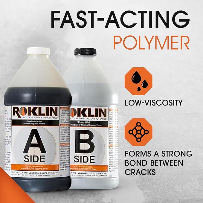Roklin Systems, Inc. - PolyFlex DS Concrete Crack Filler, Quick-Drying Asphalt Crack Sealer, Floor/Wall Repair Patch Kit Essential, 3 gallons (1 ½ gallons x 2 - Side A & B), Gray