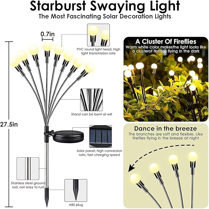 OZS 2Pack 16LED Solar Firefly Lights - Outdoor, Sway by Wind, Waterproof for Garden Pathway Decoration (Warm White)