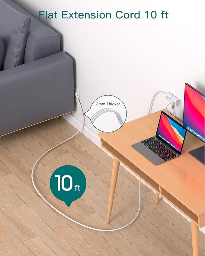 Flat Extension Cord 10 ft - Addtam Flat Plug Power Strip with 6 Outlets Extender, No Surge Protector for Cruise Ship, Dorm Room Travel Essentials, ETL Listed