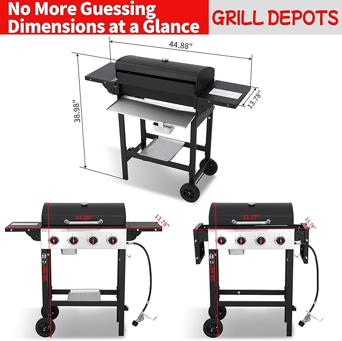 4-Burner Propane Gas Grill, 38250 BTU, BBQ Grills with Cast Iron Grates, Portable Foldable Side Shelves, Outdoor Patio Camping, Black for Outdoor Backyard Patio Barbecue