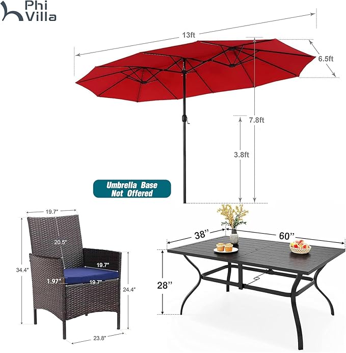 PHI VILLA 7 Piece Outdoor Dining Set with Umbrella, 60” Rectangular Metal Dining Table & 6 Cushioned Rattan Wicker Chairs & 13ft Large Red Umbrella for Patio, Deck, Yard, Porch