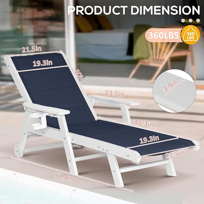 Outdoor Chaise Lounge Chair with Table Set of 3, 5-Position Adjustable Patio Lounge Chair with Wheels & Cup Holder, HDPE Pool Lounge Chair for Outside, Poolside & Beach (Dark Blue+White)