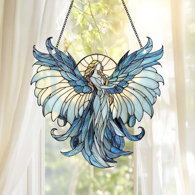 Guardian Angel Christmas Ornament Spiritual Religious Suncatcher Window Hanging Acrylic Stained Glass Effect Art Garden Decor Unique Gift for Mom Grandma Women