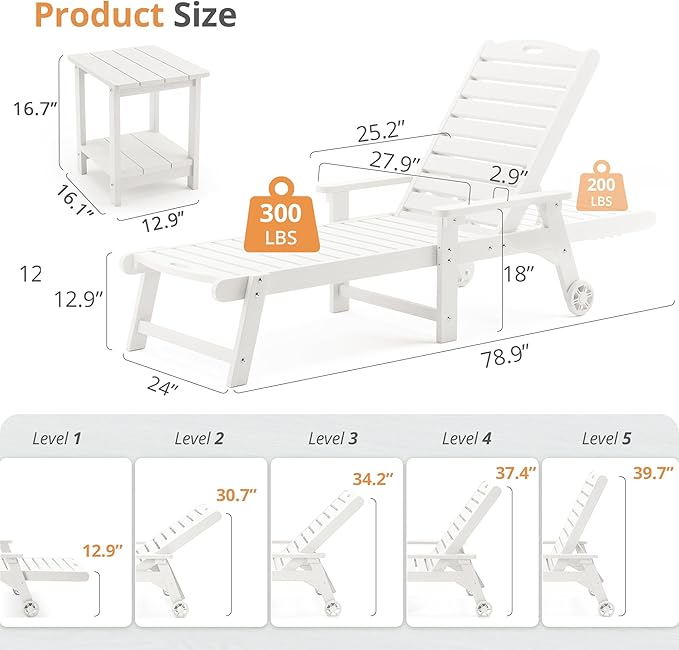 LUE BONA Chaise Lounge Chairs Set with Table, 6-Piece, 79'' Oversized HDPS Chaise Lounger, 5 Positions Adjustable Lounge Chairs, Pool Lounge Chair with Wheels for Poolside, 3 Year Warranty, White