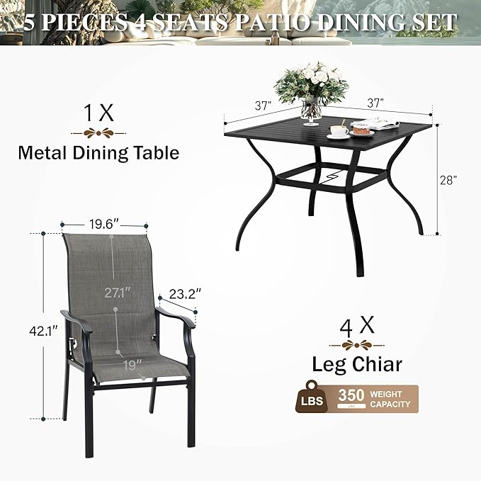 HERA'S HOUSE 5 Pieces Patio Dining Set, Outdoor Dining Set for 4, 4 x All Weather Testilene Padded Dining Chair, 37" Square Metal Dining Table, for Lawn Garden Backyard Deck