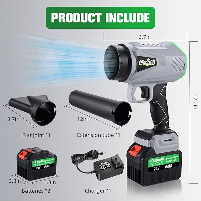 Leaf Blower Cordless, 21V Electric Leaf Blower with 2 Batteries and Charger, 4.0Ah Battery Powered Handheld Leaf Blowers for Lawn Care, Patio, Dust, Snow, Leaf Blowing Green