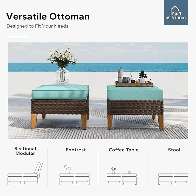 MFSTUDIO 8 Pieces Wicker Patio Furniture Set with 56" Fire Pit Table, All-Weather Rattan Half-Moon Sectional Sofa Patio Conversation Sets, 4 x Curved Sofa, 1 x Armless Chair, 2 x Ottoman(Aqua Blue)