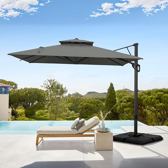 GREEN PARTY 10x10 ft Cantilever Patio Umbrella with Base Included, Outdoor Offset Umbrellas with 360° Rotation, 5-Year-Non-Fading Hanging Pool Umbrella for Garden Deck Poolside - Grey