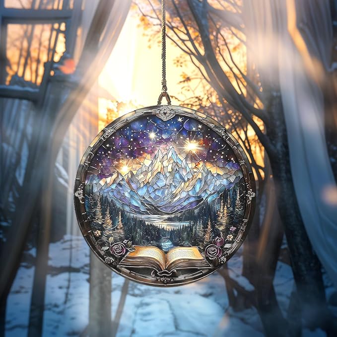 Fantasy Book Christmas Ornament Bookish Acrylic Suncatcher with Mountain Scenery Stained Glass Effect Window Hanging for Book Lover Reading Nook Decor Gift for Librarian Readers