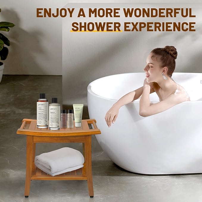 20" Premium Teak Shower Bench with Shelf & Handle, Solid Teak Shower Stool, Durable Waterproof Seat for Inside Shower, Teak Wood Bench for Bathroom, Indoor & Outdoor Use