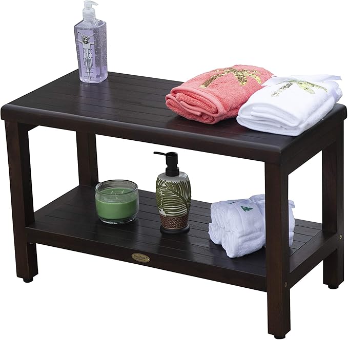 DecoTeak Eleganto 30 Inch Brown Waterproof Teak Wood Shower Bench Stool Seat Chair for Inside Shower Storage Shelf Provides Safety, Storage, and Organization for Bathroom Accessories