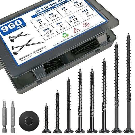 960Pcs Deck Screws, #8#10 Wood Screws Assortment Kit, 8Sizes Assorted Screw Set, Rust Resistant Torx Screws with Flat Head, Black Screw Kit for Woodworking Projects, Star Bit Included