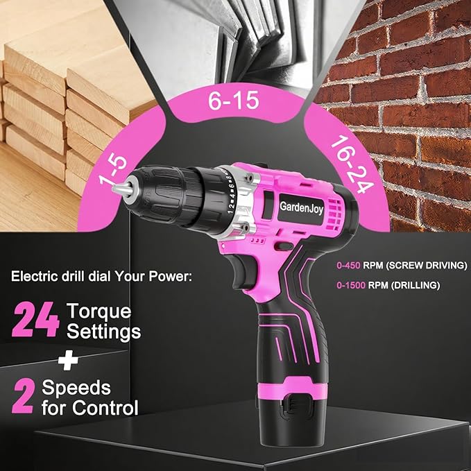 12V Pink Drill Driver Set, Women's Lightweight, 2 Batteries + Fast Charger, 2-Speed, 3/8" Keyless Chuck, 25 Torque Settings, LED for Metal/Wood DIY