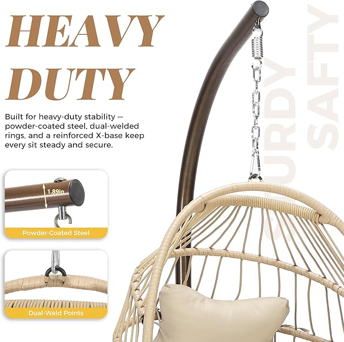 BLUEXYARD Indoor Swinging Egg Chair with Stand, 350 Lbs Water-Resistant Wicker Hanging Hammock Chair with Comfy Cushion, Outdoor Heavy-Duty Eggshell Basket for Balcony Patio Bedroom Garden, Beige