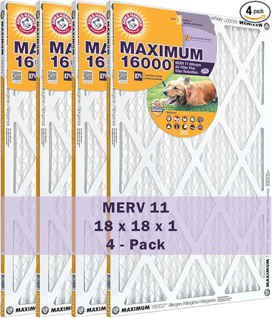 Arm & Hammer Max Allergen & Odor Reduction 18x18x1 Air and Furnace Filter, MERV 11, 4-Pack