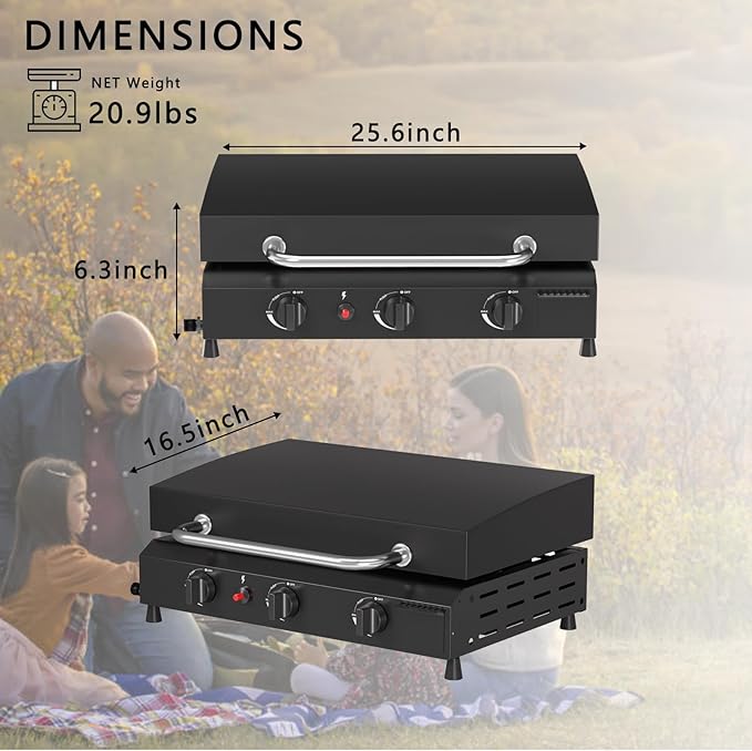 SKOK 3 Burner Gas Griddle with Hood- 23.3 Inch Outdoor Propane Griddle-45000 BTU Propane Fuelled, Portable Flat Top Gas Grill Camping Griddle with Lid for Kitchen, Outdoor BBQ, Camping