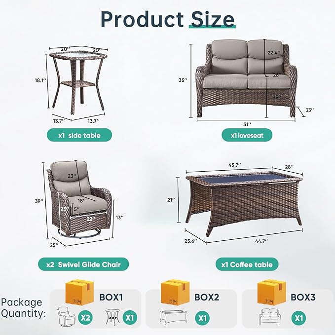 Outdoor Swivel Rocker Patio Chairs Set of 5 with Loveseat - 5" Thick Cushion 5 Piece Furniture Set with Sofa All Weather Wicker Conversation Set for Porch Deck - Brown Wicker | Grey Cushions