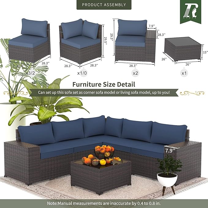 Outdoor Patio Furniture Set, 6 Pieces Outdoor Furniture All Weather Patio Sectional Sofa PE Wicker Modular Conversation Sets with Coffee Table,5 Chairs & Seat Clips Dark Blue