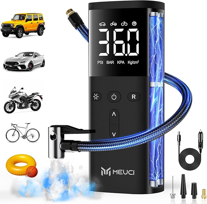 Tire Inflator Portable Air Compressor - Fast Cordless Air Pump for Car Tires, 150 PSI Electric Bike Tire Pump with LED Light & Digital Pressure Gauge for Motorcycle, Bicycle, Auto & Balls
