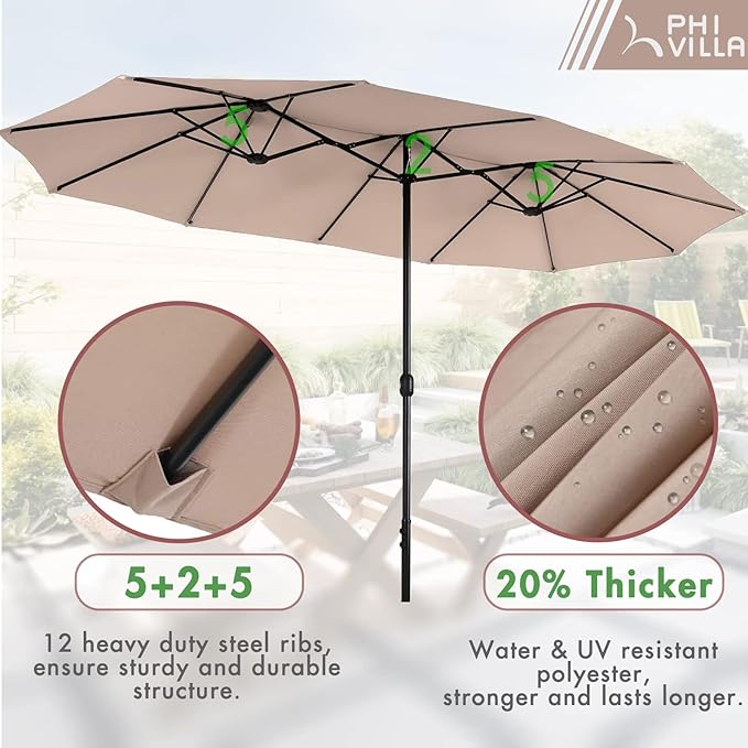 PHI VILLA 7 Piece Outdoor Dining Set with Umbrella, 60” Rectangular Metal Dining Table & 6 Cushioned Rattan Wicker Chairs & 13ft Large Beige Umbrella for Patio, Deck, Yard, Porch