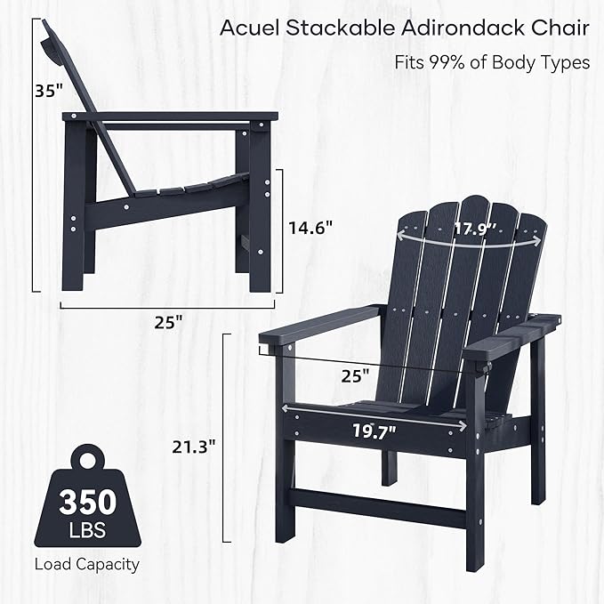 Stackable HDPE Adirondack Chairs Set of 2 – Durable, Weather-Resistant Outdoor Patio Seating, Low Maintenance Poly Lumber Chairs for Porch, Deck, Garden, Fire Pit (Blue)